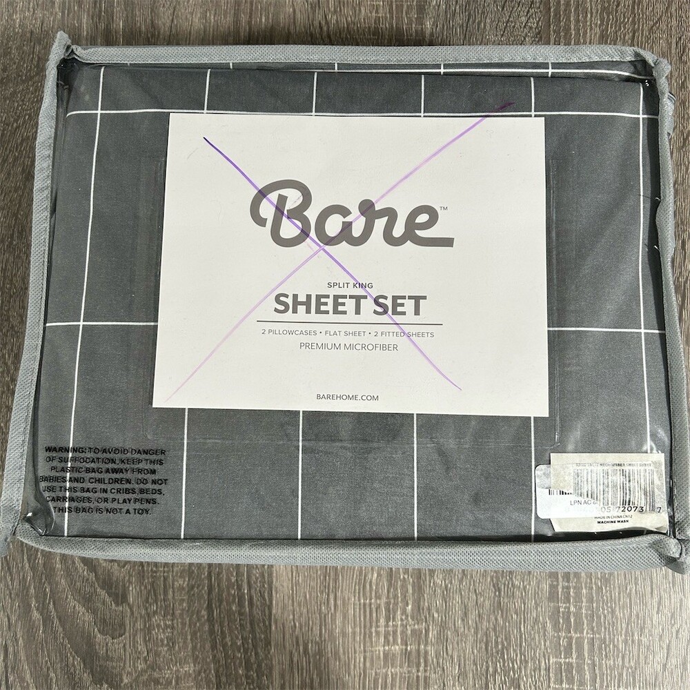 Bare Home Sheet Set Split King Gray Geometric Grid Stripe 4-Piece